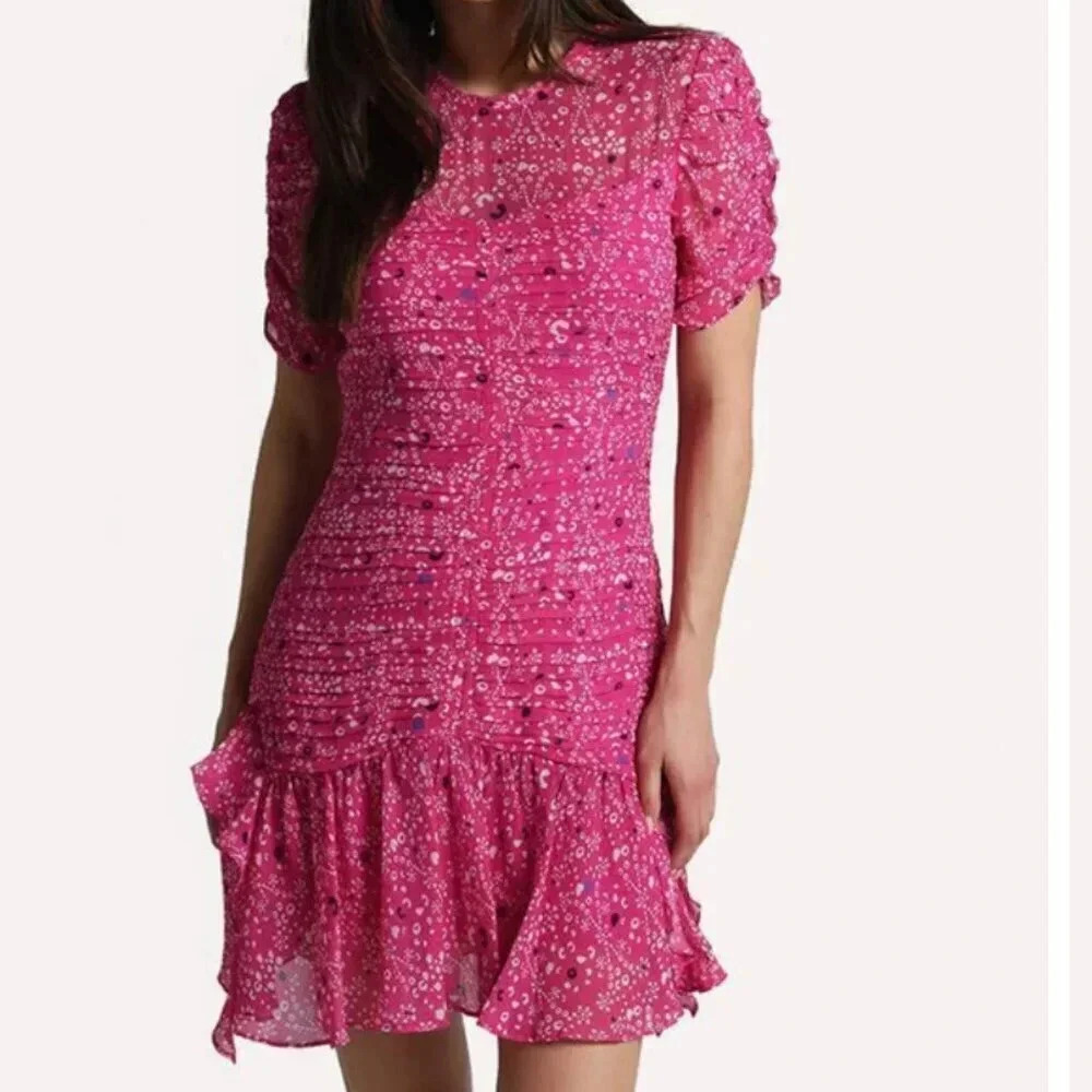 Tanya Taylor Carti Dress Ruffle Layered Midi Polka Dot Chiffon Silk Pink Size 4